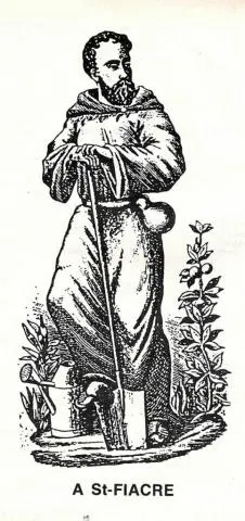 gravure présentant Saint Fiacre appuyé sur sa bêche